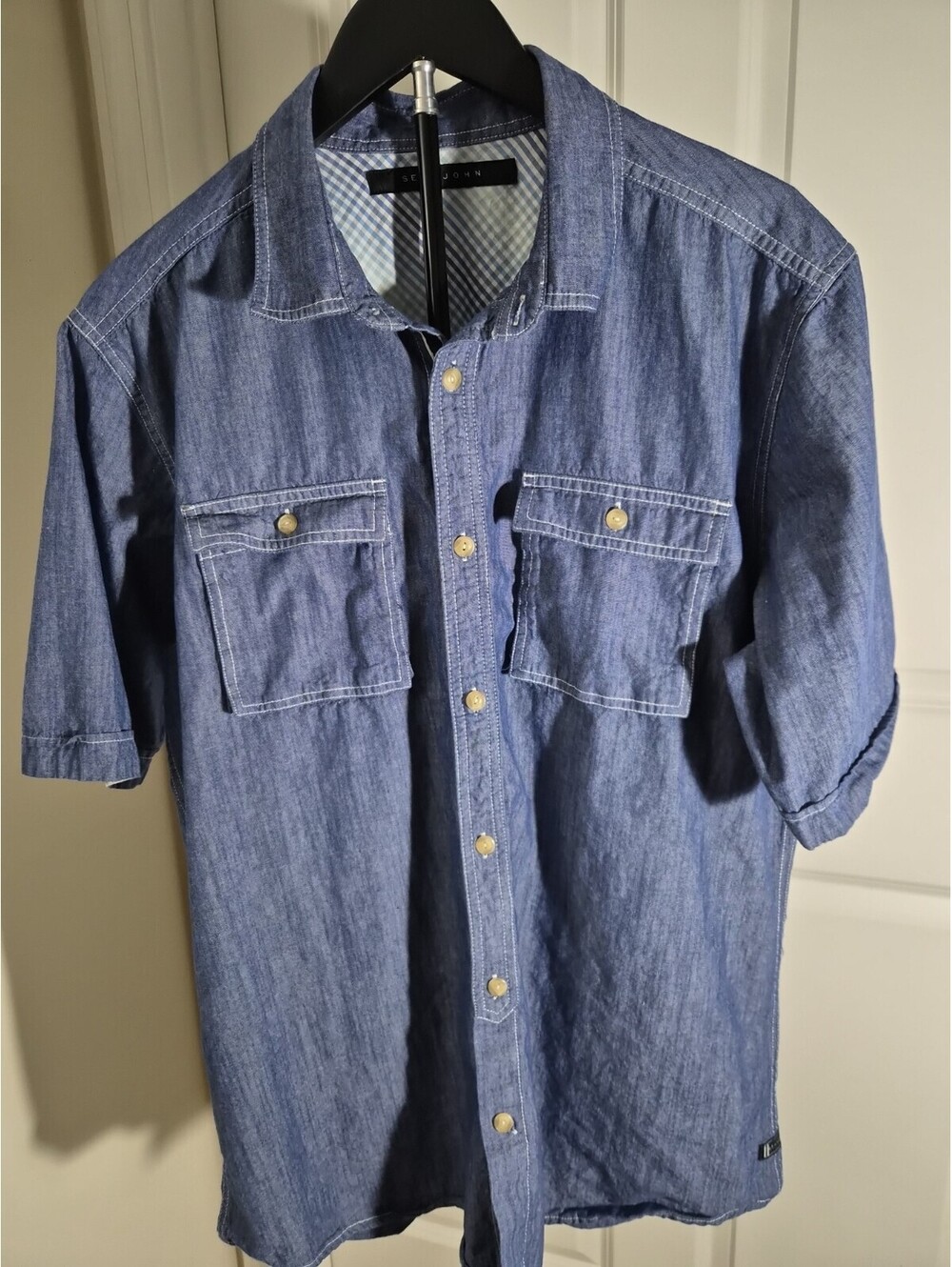 Sean John Collection Denim Look Button Up Cotton Short Sleeve Shirt XL